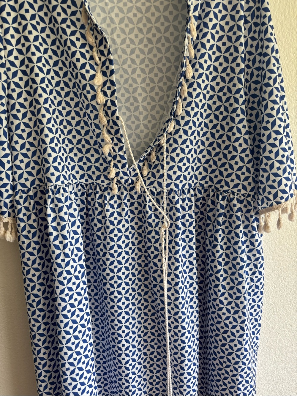 Blue & White Geometric V-Neck Tunic Dress with Tassel Trim